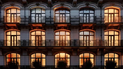Poster Windows of old apartment building in the evening, panoramic view © Iman