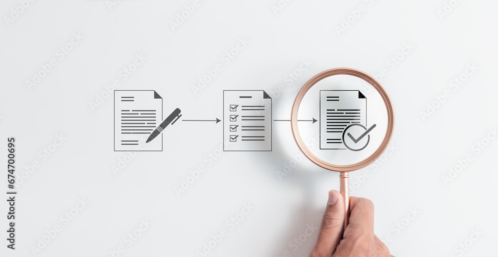 Poster magnifying glass focus to approve document icon on white background for business process workflow il