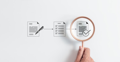 Magnifying glass focus to Approve document icon on white background for business process workflow illustrating management approval and and project approve concept.