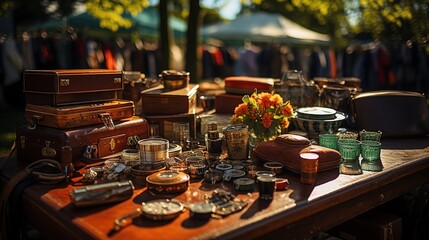 Garage Sale, Vintage and Used Goods on Display at an Afternoon Flea Market on the Greensward - A Treasure Hunt for Antique and Retro Collectibles

