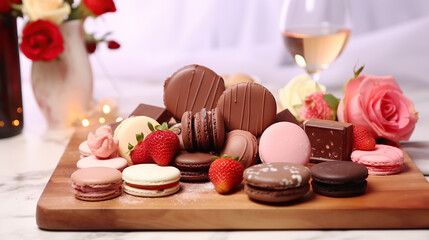 Dessert charcuterie board for Valentines day served with champagne.