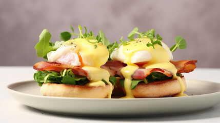 Egg benedict sandwiches with bacon and lettuce and hollandaise sauce.