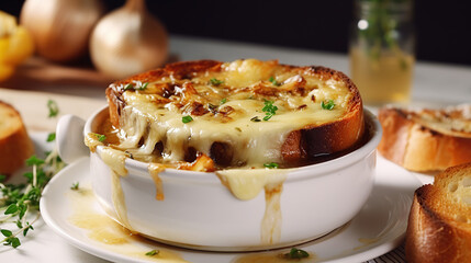 French onion soup in a white bowl with bread and melted cheese on top. - obrazy, fototapety, plakaty