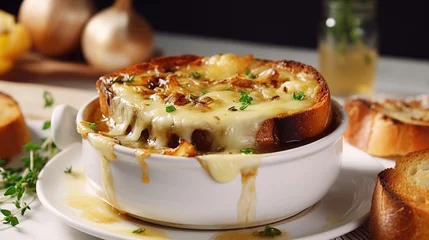 Fotobehang French onion soup in a white bowl with bread and melted cheese on top. © Santy Hong