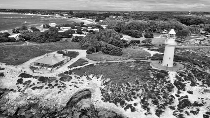 Aerial view of Bathurst Lighthouse in Rottnest Island, Australia