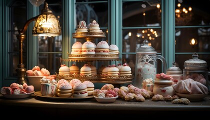 Pastry shop window with macarons and pastries on display - obrazy, fototapety, plakaty
