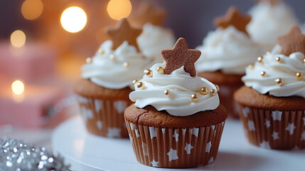 Gingerbread cupcakes for Christmas with gingerbread cookies and buttercream frosting. - obrazy, fototapety, plakaty