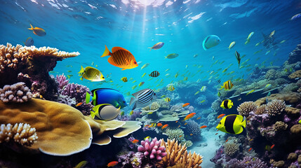 coral reef and variety of colorful tropical fish in the ocean - obrazy, fototapety, plakaty