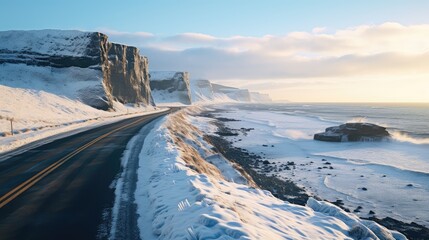 blue winter road ocean landscape illustration outdoor snow, cold icy, water sky blue winter road ocean landscape