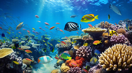 Naklejka na ściany i meble Tropical ocean, coral reefs and variety of colorful tropical fish in the ocean