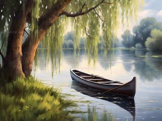 Fishing boat on the lake with willow tree in the background