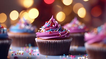 New Years Eve party cupcakes with vanilla and chocolate frosting and festive sprinkles. - obrazy, fototapety, plakaty