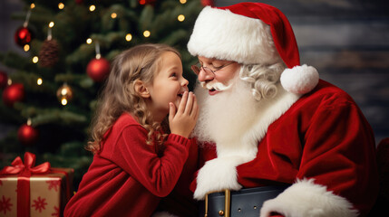 Fototapeta na wymiar A young child is sharing a secret with a cheerful Santa Claus against a backdrop of a decorated Christmas tree and presents, encapsulating a magical holiday moment.