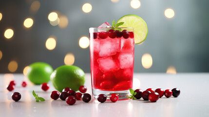 Refreshing cranberry cocktail or mocktail with lime, winter drink idea. - obrazy, fototapety, plakaty