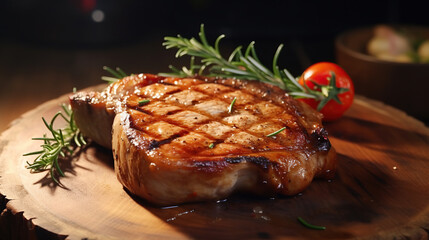 Grilled or pan fried pork chops on the bone, wood table background. - obrazy, fototapety, plakaty