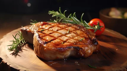 Foto op Plexiglas Grilled or pan fried pork chops on the bone, wood table background. © Santy Hong