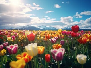 A Vibrant Field of Colourful Tulips Under a Serene Blue Sky. A field full of colorful tulips under a blue sky - obrazy, fototapety, plakaty