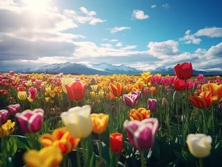 Foto op Aluminium A Vibrant Field of Colourful Tulips Under a Serene Blue Sky. A field full of colorful tulips under a blue sky © AI Visual Vault