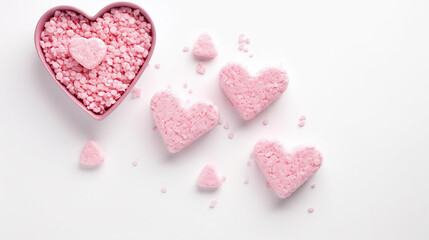 Pink heart shaped rice krispie treats served with milk, isolated on white background.