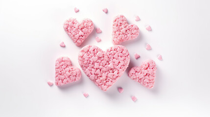 Pink heart shaped rice krispie treats served with milk, isolated on white background.