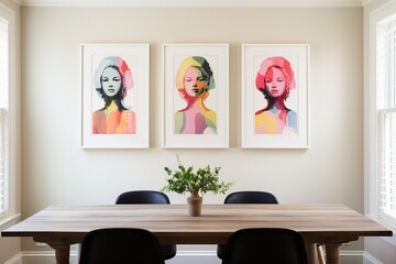 dining room , colorful walls, 2 -3 framed prints above bed, light neutrals with pops of bright pink, blue