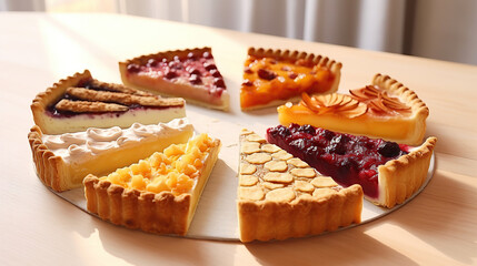 Variety of Thanksgiving pie slices on parchment paper.