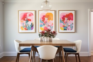 dining room , colorful walls, 2 -3 framed prints above bed, light neutrals with pops of bright pink, blue