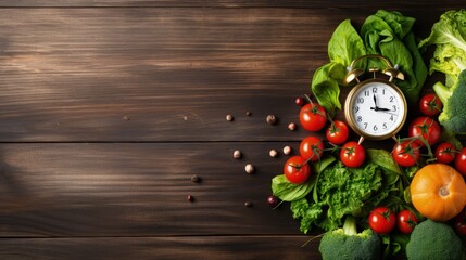 Background of bunch vegetable on wooden table with alarm clock. Time to diet or eat healthy concept symbolic
