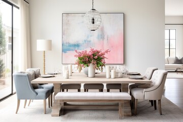 dining room, blank walls,neutral colors with pops of bright pink and blue, large artwork behind the table
