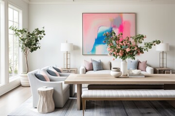 Fototapeta na wymiar dining room, blank walls,neutral colors with pops of bright pink and blue, large artwork behind the table