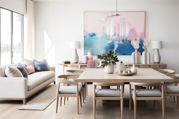 dining room, blank walls,neutral colors with pops of bright pink and blue, large artwork behind the table