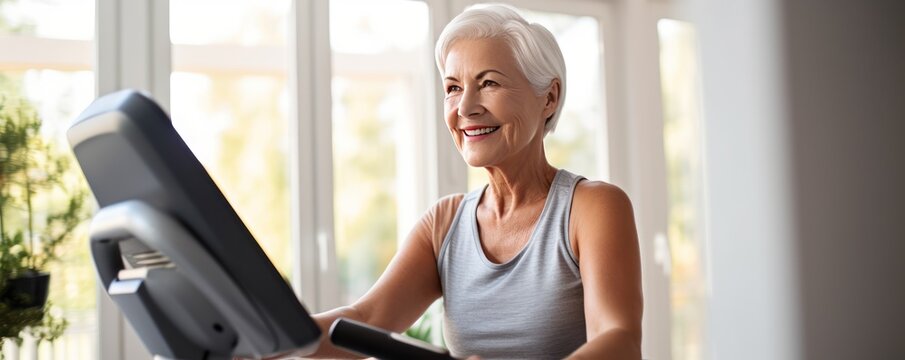 Cropped picture of a smiley elderly Scandinavian woman during workout on a smart exercise bike at home. She smiling and looking at camera. A scientific approach to training for maximum performance.
