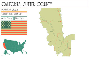 Large and detailed map of Sutter County in California USA.