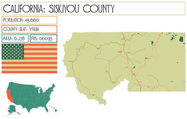 Large and detailed map of Siskiyou County in California USA.