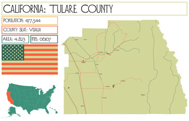 Large and detailed map of Tulare County in California USA.