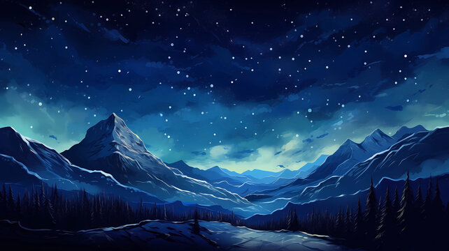 Hand-drawn cartoon beautiful illustration background of snowy mountains in the outdoor night under the starry sky in winter
