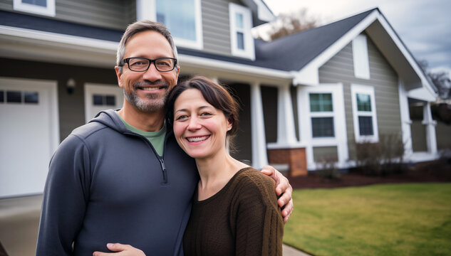 Happy couple embracing in front of their new suburban home, smiling, with a sense of achievement and contentment.