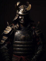 Illustration of a samurai warrior fully dressed in samurai war clothes. Isolated on dark background.