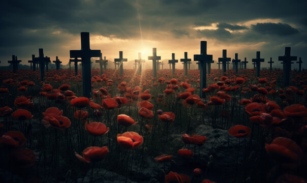 Soldiers graves marked with crosses stand in a poppy field. Remembrance day background