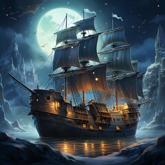 Pirate ship in the sea at night with full moon 3d illustration