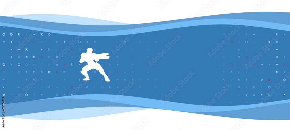Poster blue wavy banner with a white combat robot symbol on the left. on the background there are small whi