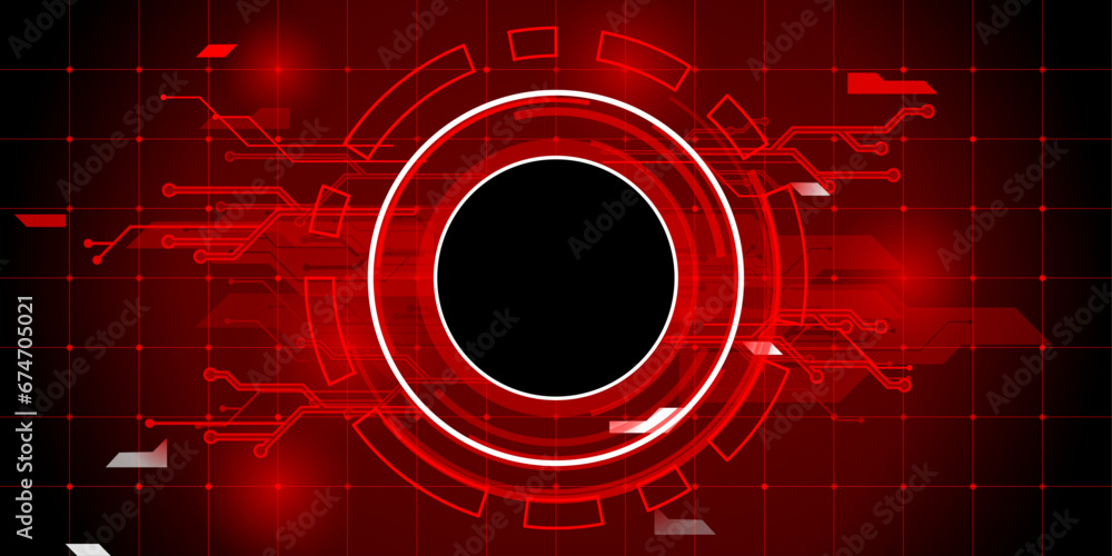 Poster Abstract technology background with circles in center. Hi tech, digital connect, big data, blockchain technology innovation concept with glowing elements. Vector illustration on red background