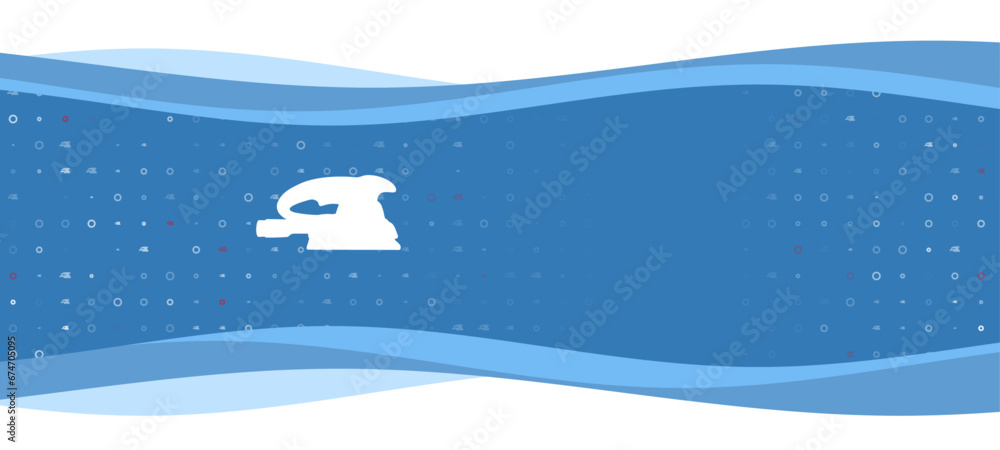 Poster blue wavy banner with a white sanding machine symbol on the left. on the background there are small 