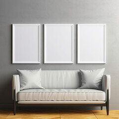Poster frame mock-up in home interior background with modern sofa in living room, 3d render