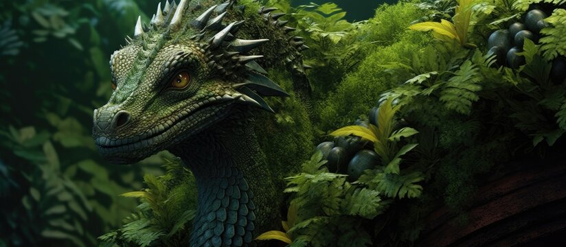 In the beautiful background of a green forest in Thailand a majestic dragon perfectly camouflaged among the dense foliage and leaves quietly observed the wildlife blending effortlessly with 