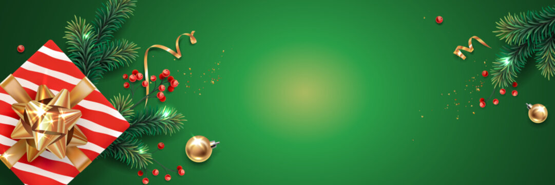 Horizontal banner with gold and red Christmas symbols and text. Christmas tree, gifts, golden tinsel confetti and snowflakes on green background. Header for website template.
