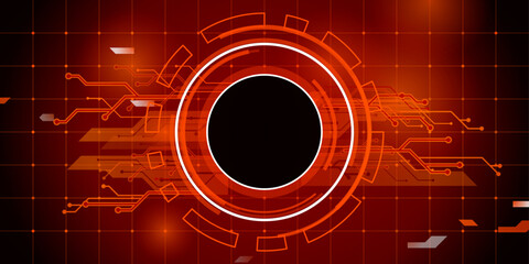 Abstract technology background with circles in center. Hi tech, digital connect, big data, blockchain technology innovation concept with glowing elements. Vector illustration on orange background