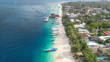 Amazing aerial view of Gili Trawangan coastline on a sunny day, Indonesia