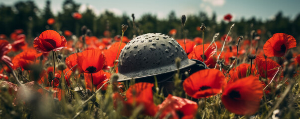 A military helmet in a field of red poppies. Remembrance day background, armistice day - obrazy, fototapety, plakaty