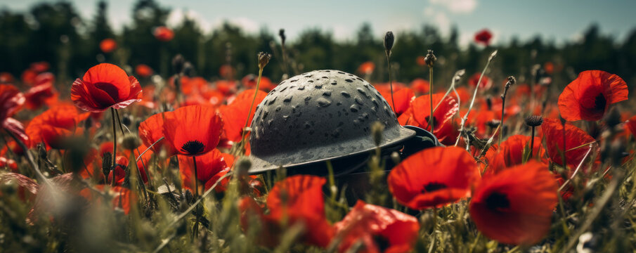 A military helmet in a field of red poppies. Remembrance day background, armistice day